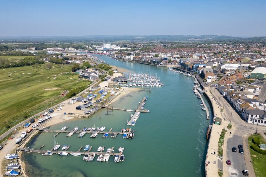 Shows an overhead shot of Littlehampton Harbour